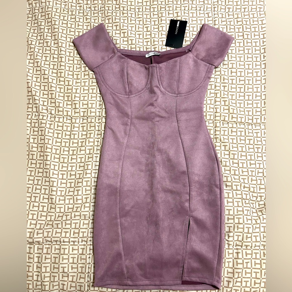 Suede off shoulder mini dress thigh split
